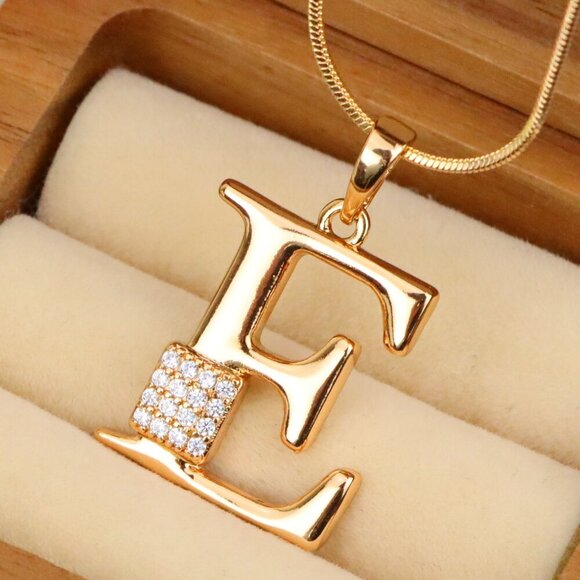 "Rose Gold Plated E Initial Pendant with Sparkling Stone Accent, XPPT1416 - Picture 1 of 13